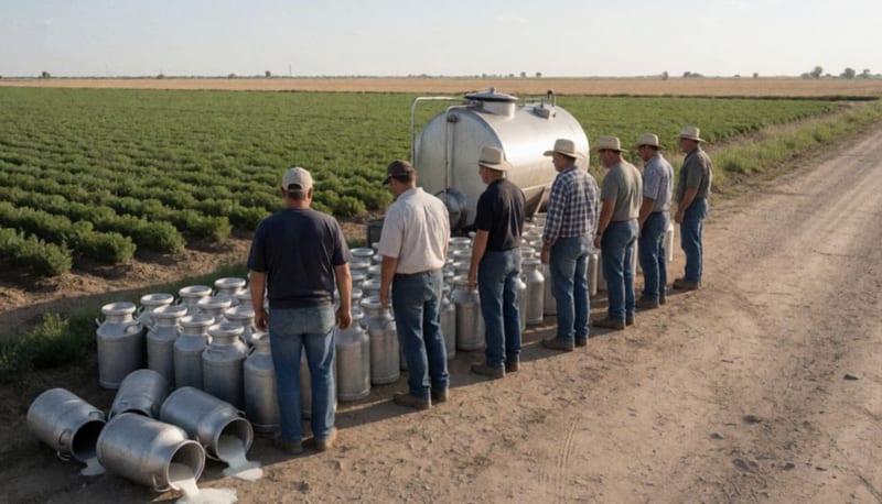 Productores junto a botes de leche metálicos, algunos derramados sobre un camino de tierra rodeado de campos agrícolas al atardecer