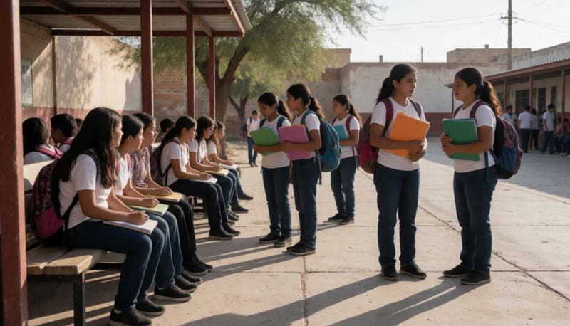 Estudiantes reunidos en el patio de una escuela durante la hora de inscripción de actividades extraescolares