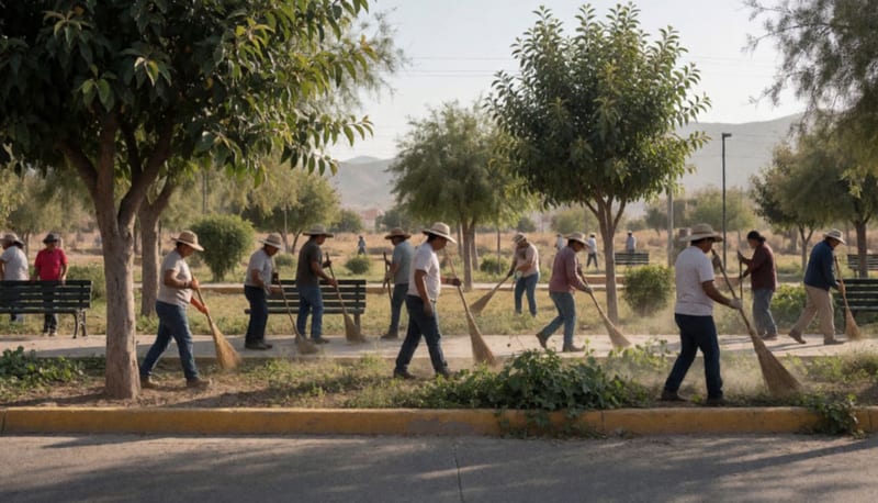 Trabajadores realizando labores de limpieza y mantenimiento en un parque público del municipio