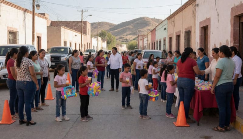 Familias y niños reunidos en plaza comunitaria durante jornada de apoyos en Delicias