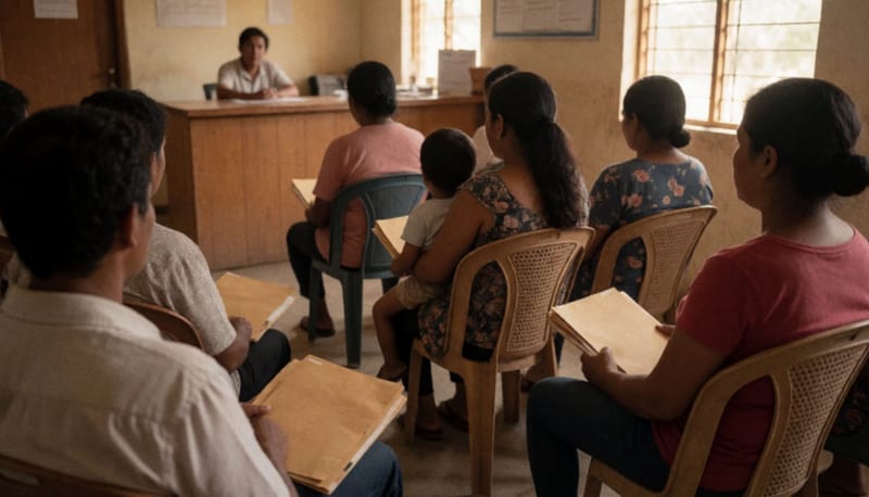 Adultos sentados en sillas de plástico con folders en las manos esperando turno en una sala de trámites