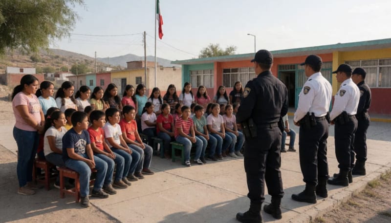 Actividad de prevención con estudiantes en patio de escuela primaria en Cuauhtémoc