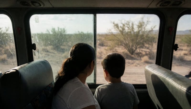 Pasajeros en el interior de un transporte público atravesando paisaje desértico del norte de México