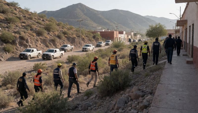 Equipos de búsqueda recorriendo un terreno árido en la región de Parral durante operativo de rastreo
