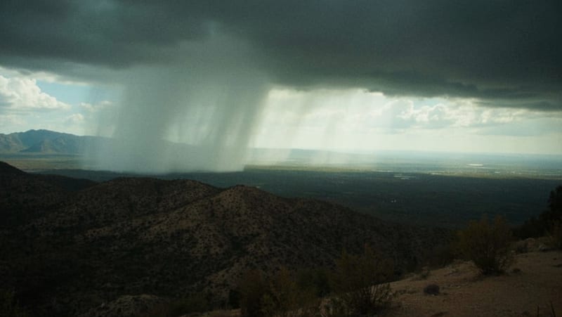 Nubes de tormenta avanzando sobre el paisaje árido del norte de Chihuahua al atardecer