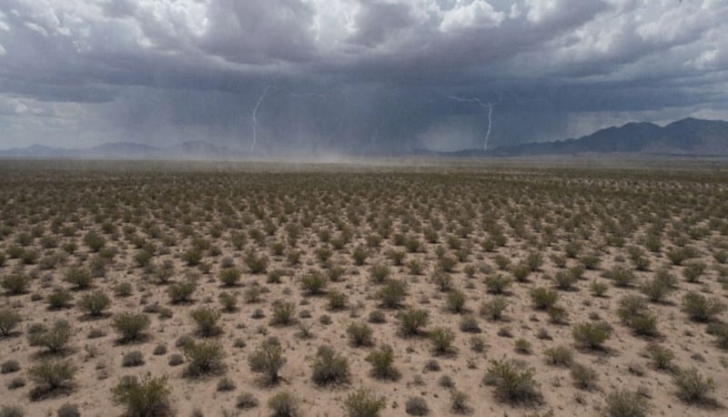 Nubes de tormenta oscuras aproximándose sobre el paisaje desértico de Chihuahua con actividad eléctrica visible en el cielo