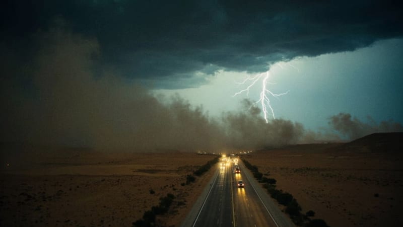 Carretera del desierto con tormenta de arena aproximándose y relámpagos iluminando el cielo nublado