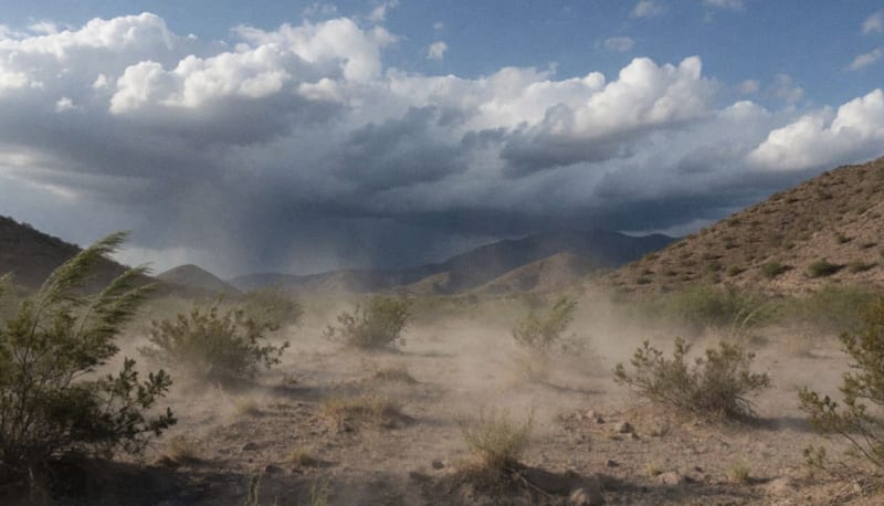Nubes oscuras y viento levantando polvo sobre el terreno árido de la sierra chihuahuense
