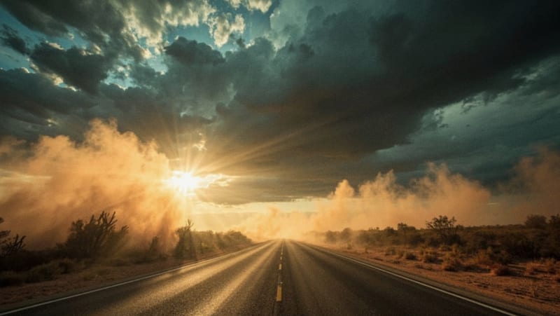 Paisaje desértico del norte con nubes de tormenta acercándose, vientos levantando polvo y sol intenso al atardecer