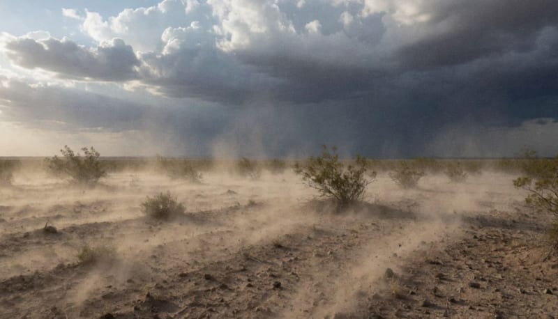 Tormenta aproximándose sobre el desierto de Chihuahua con nubes oscuras y viento levantando polvo