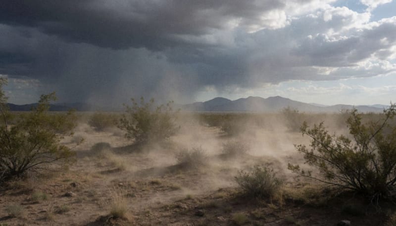 Nubes oscuras y tormentosas aproximándose sobre el terreno árido del desierto chihuahuense con vientos levantando polvo