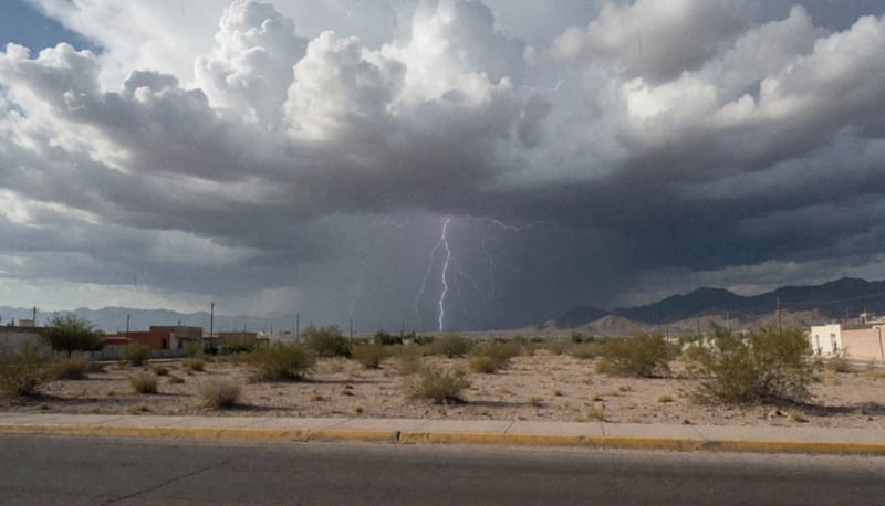 Nubes oscuras de tormenta sobre el paisaje desértico con destellos de relámpagos en la distancia