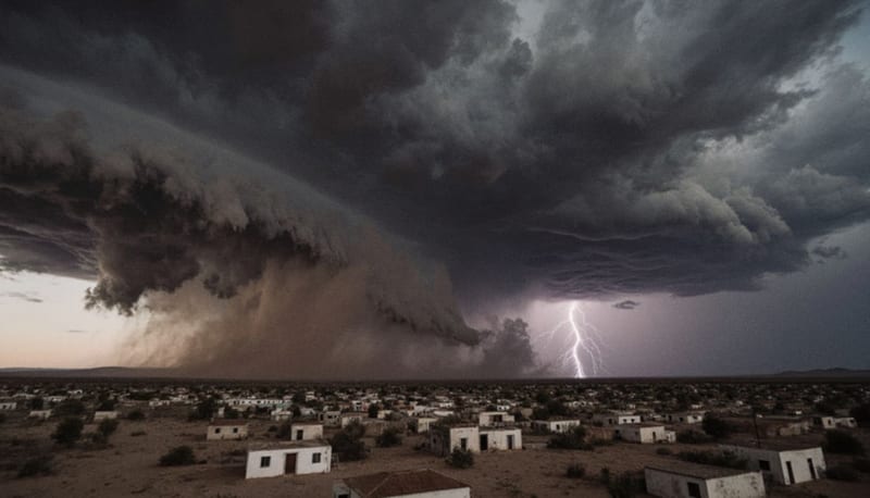 Cielo tormentoso con nubes oscuras sobre el terreno árido y casas de una localidad del noroeste chihuahuense