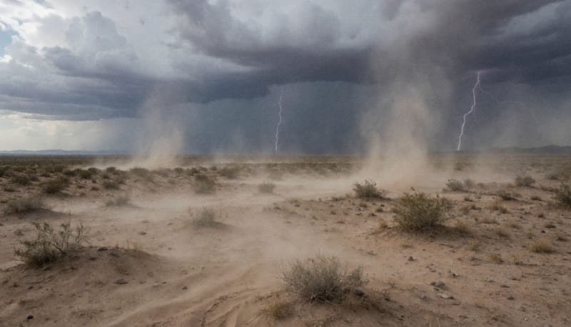 Nubes oscuras y polvareda sobre un paisaje desértico con vientos intensos levantando arena del suelo