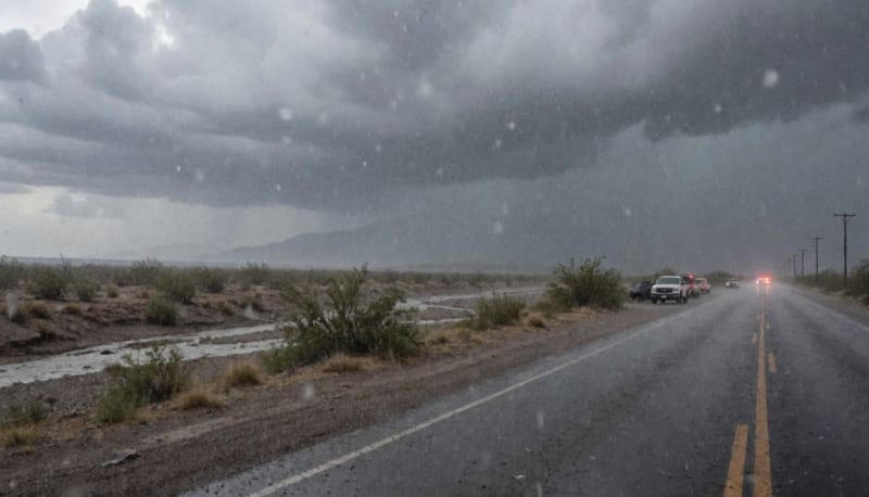 Lluvia intensa cayendo sobre una carretera desértica con cielos nublados y oscurecidos por la tormenta