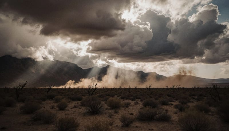 Cielo nublado y tormentoso sobre el desierto chihuahuense con nubes oscuras acumulándose sobre el terreno árido