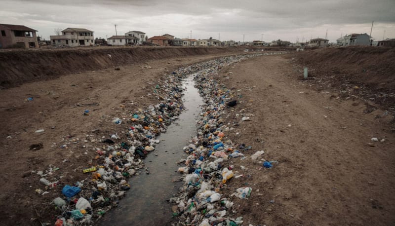 Cauce de arroyo obstruido con acumulación de basura y escombros en terreno árido