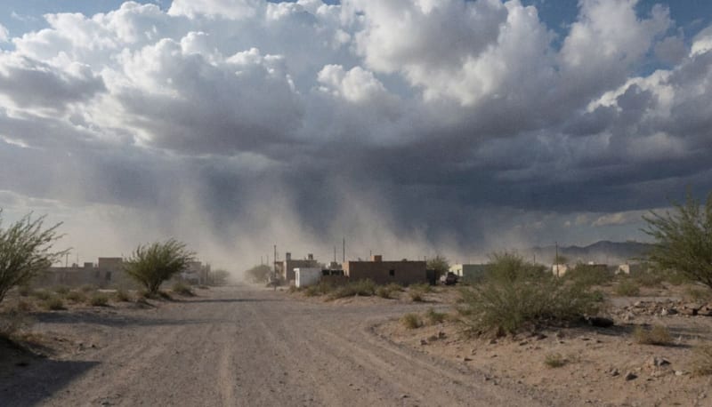 Nubes de tormenta oscuras acumulándose sobre el paisaje árido del estado con relámpagos al fondo