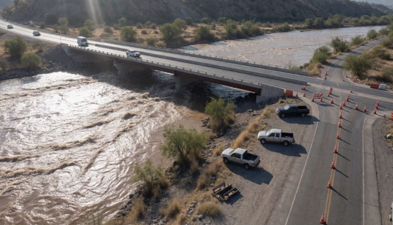 Río desbordado con agua turbia fluyendo bajo un puente de carretera, conos de tránsito bloqueando el acceso a vehículos pesados