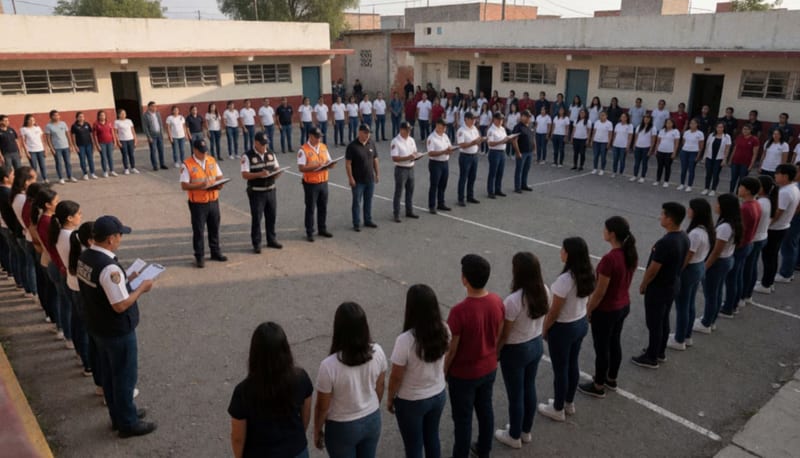 Grupos de personas organizados en el patio de una escuela durante un ejercicio de evacuación