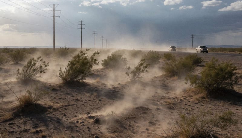 Paisaje árido con polvareda levantada por fuertes vientos en la región norte de Chihuahua
