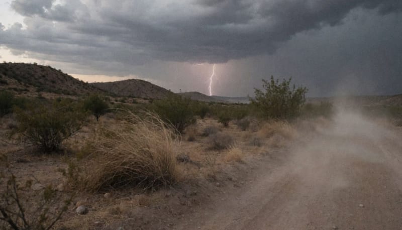 Nube de tormenta aproximándose sobre el terreno árido de la sierra chihuahuense con polvo levantado por el viento