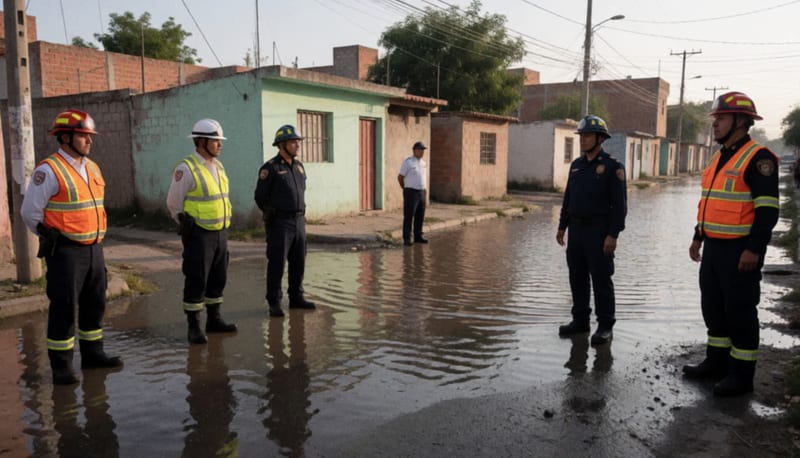 Personal de emergencia realizando recorrido en calles encharcadas durante operativo de vigilancia