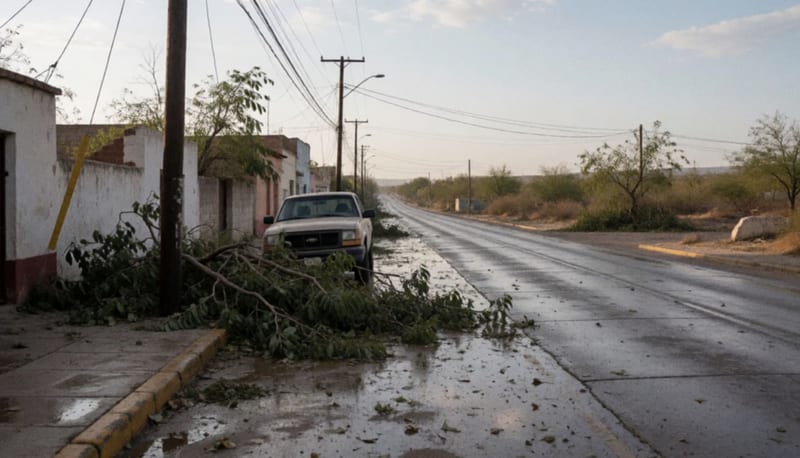 Calle mojada tras las lluvias con ramas caídas y postes de servicios dañados en el terreno