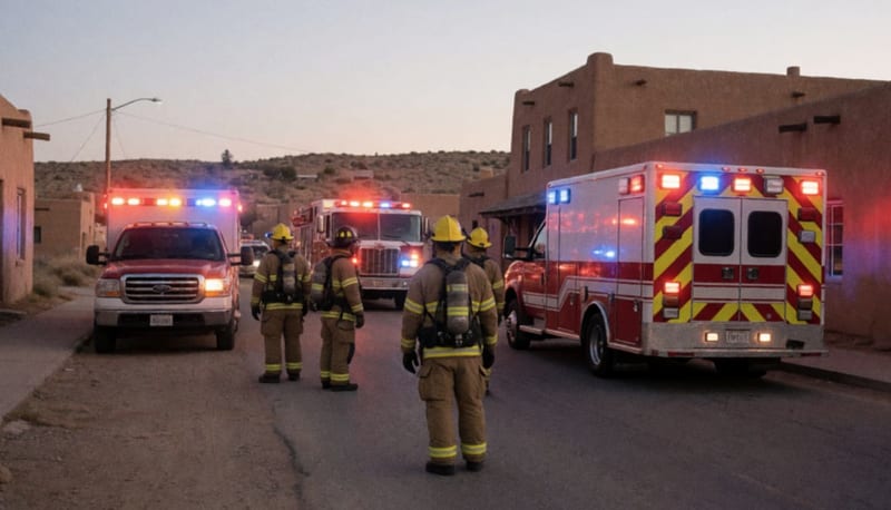 Bomberos y ambulancia en una calle de Parral iluminados por luces de emergencia al atardecer