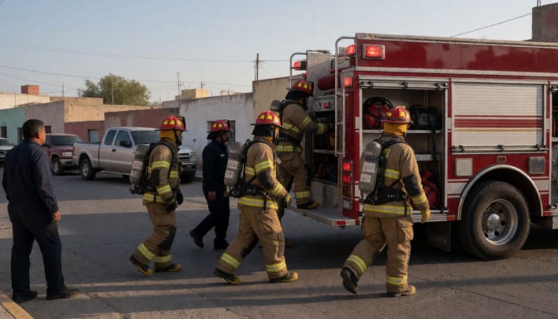 Bomberos cargando equipo de emergencia en una unidad especializada en una calle del municipio