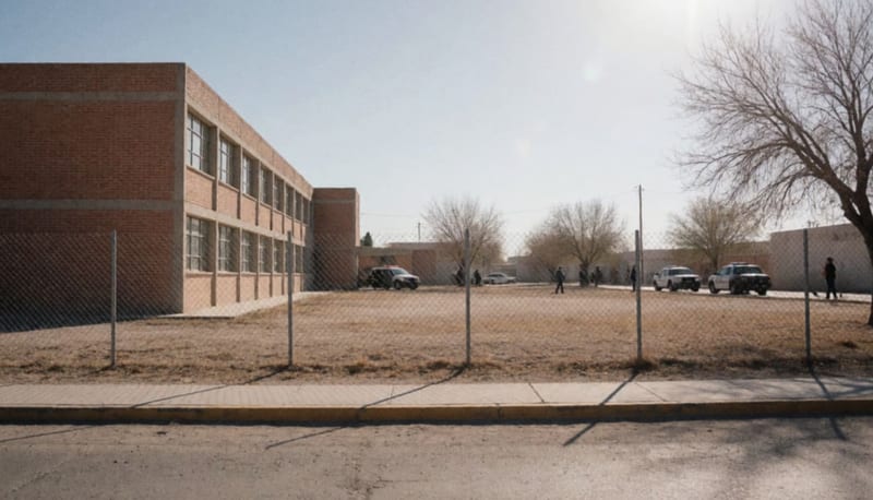 Fachada de una secundaria en zona árida de Chihuahua con elementos de seguridad al fondo