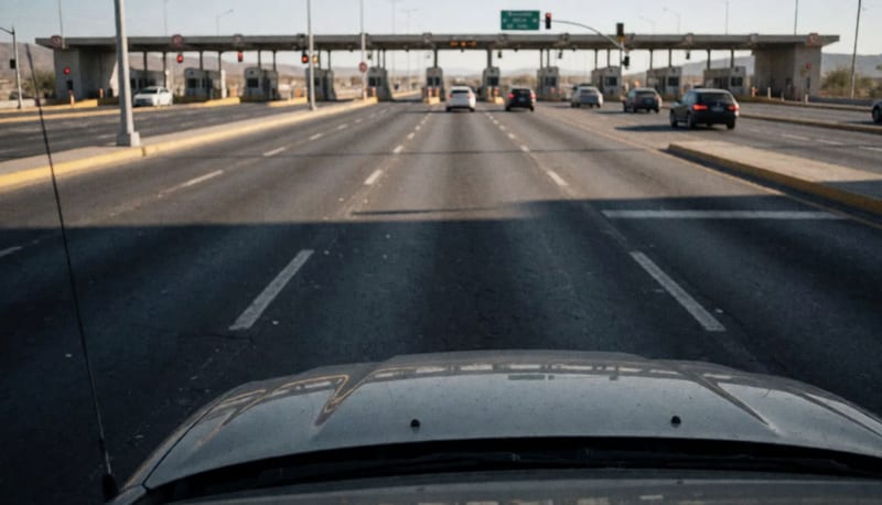 Carril amplio de un puente fronterizo prácticamente vacío bajo luz de tarde, con pocos vehículos a la distancia