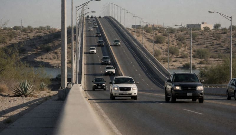 Puente internacional casi vacío con apenas algunos vehículos circulando bajo la luz del día