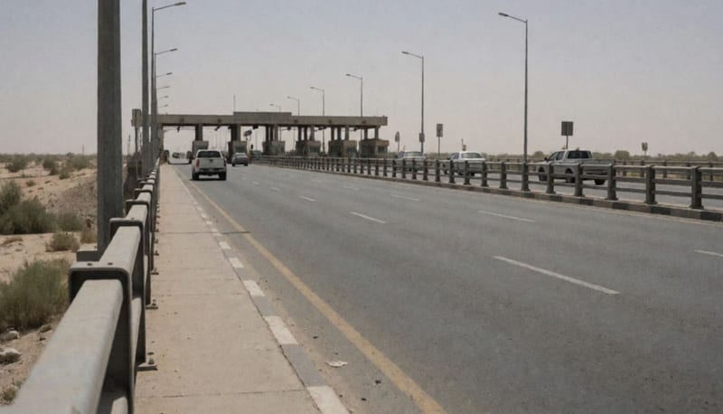 Puente internacional con carriles vacíos y tránsito mínimo bajo el sol del desierto