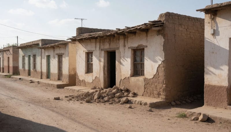 Casa antigua de un piso con el techo parcialmente hundido y escombros de yeso en una calle tranquila de pueblo