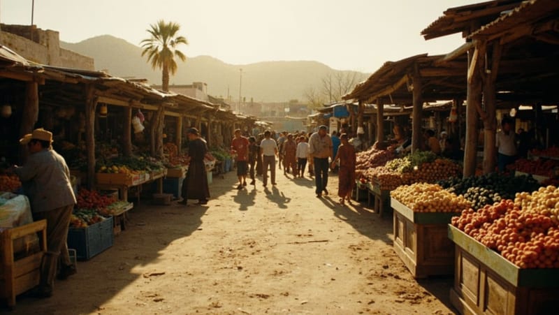 Puestos con productos frescos en una plaza del desierto durante el mercado de productores matutino