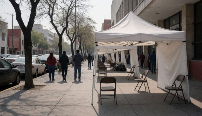 Campamento con lonas blancas en la banqueta frente a un edificio público, con personas a lo lejos de espaldas