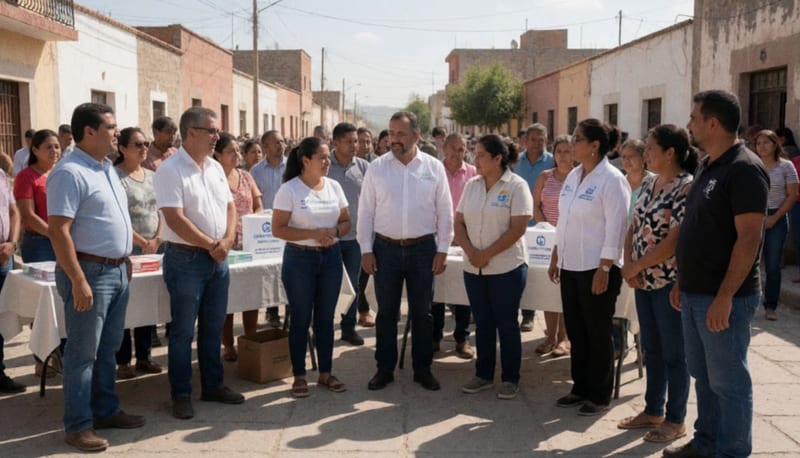 Representantes de organizaciones civiles y autoridades locales reunidos en plaza de Camargo durante el acto inaugural de la campaña benéfica