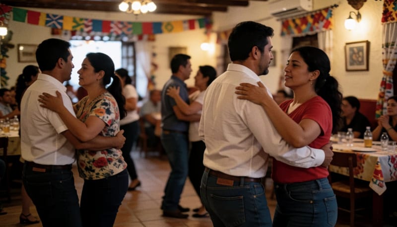 Parejas bailando en el interior de un salón decorado durante una celebración nocturna