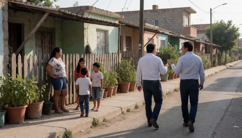 Candidatos conversando con vecinos en una colonia de calles modestas y casas residenciales