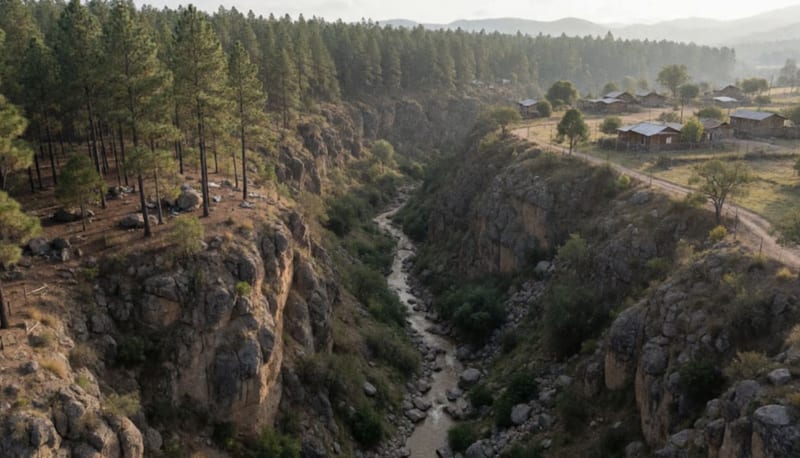 Vista aérea de una barranca con bosque de pinos, un arroyo de agua turbia y casas rústicas a lo lejos