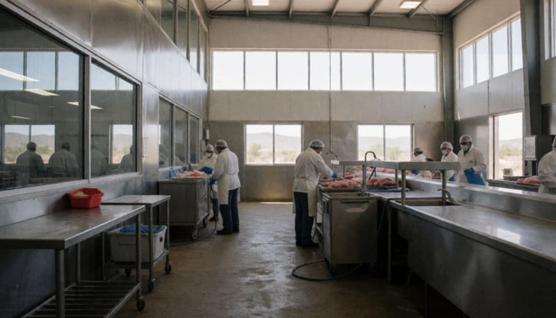 Interior de instalaciones de procesamiento con mesas de trabajo y equipos de sanitización en operación