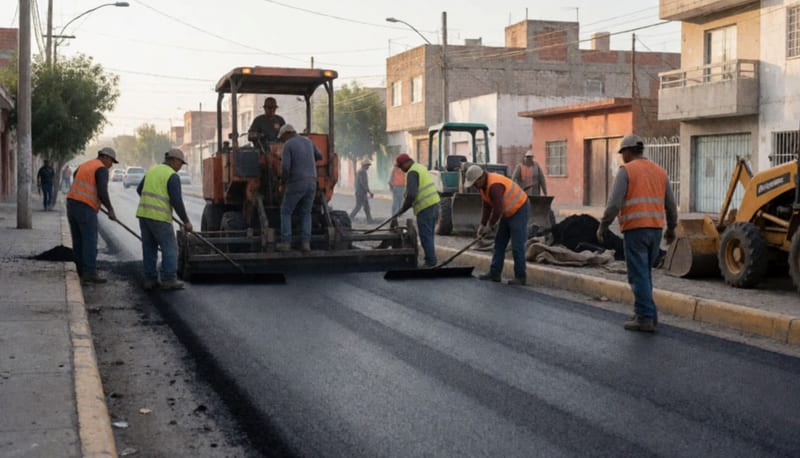 Cuadrilla de trabajadores realizando los últimos colados de asfalto en una calle juarense