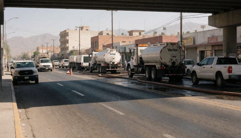 Equipo especializado de JMAS realiza labores de desagüe en una avenida de Ciudad Juárez bajo intenso sol