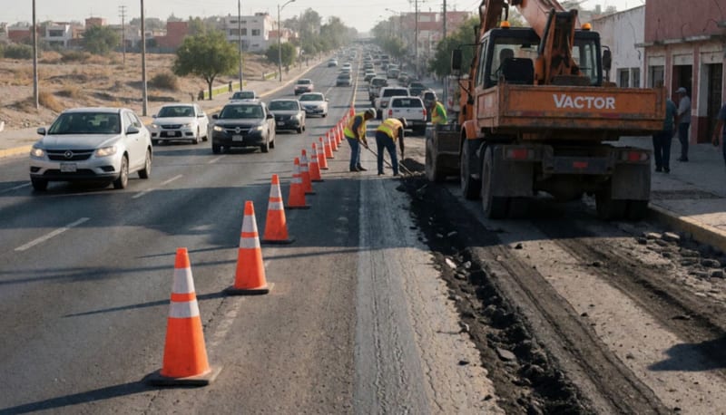 Equipo de reparación en el bulevar tras trabajos de mantenimiento de alcantarilla en Ciudad Juárez