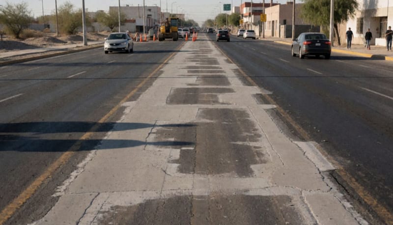 Carril central reparado con concreto fresco en un bulevar urbano de Ciudad Juárez, carriles laterales abiertos al tráfico