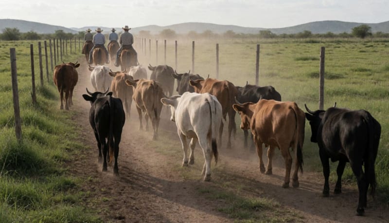 Manada de ganado avanzando por un camino de tierra en un rancho del desierto con pasto verde y vaqueros a caballo al fondo