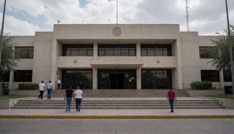Fachada de un edificio judicial vista desde la calle en un día nublado