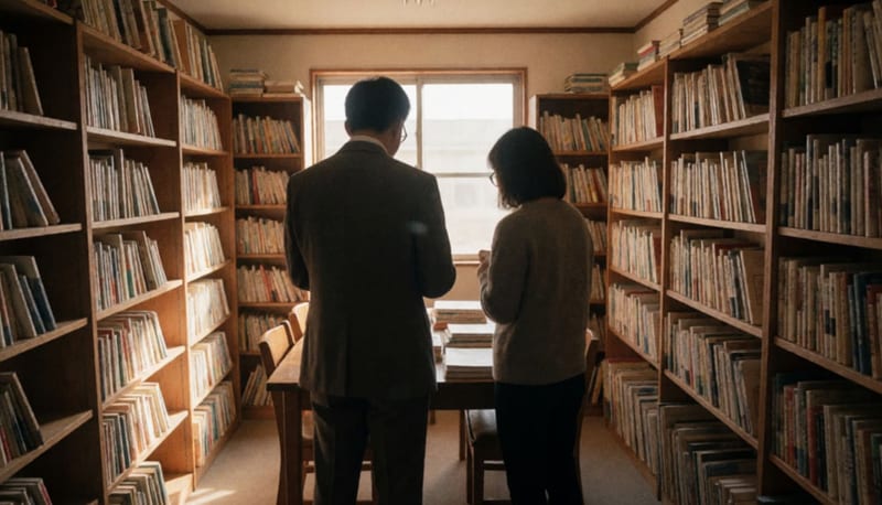 Dos personas de espaldas junto a una mesa de lectura en una biblioteca con estantes de madera y luz cálida