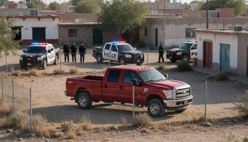 Camioneta Ford F-250 guinda recuperada en un predio cercado de zona residencial al atardecer